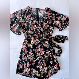 Black floral wrap dress, w/ shorts